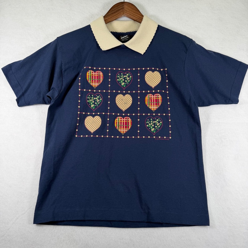 Vintage 1990 Best Fruit of the Loom Heart Graphic Collared T-Shirt Navy Blue M